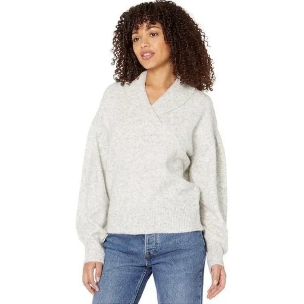 NWT Madewell Shawl Collar Sweater Grey Marled Knit Pullover Puff Sleeve Medium